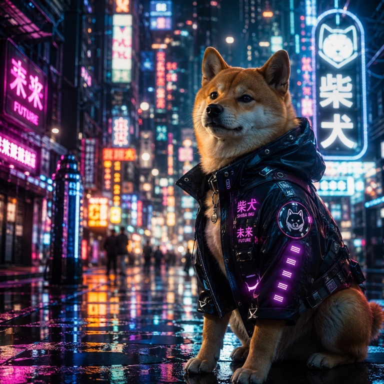 Cyberpunk Shiba Inu in a neon city at night, cinematic lighting